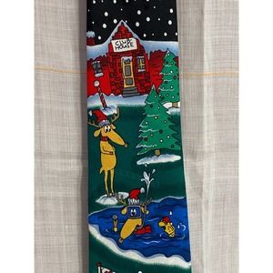 Hallmark Christmas/Santa Golfing tie Black w white snow/Green tie depicts Santa